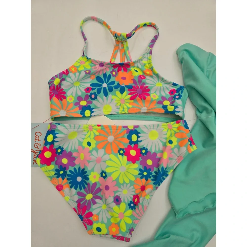 Cat & Jack Girl 3pc Rash Guard Bikini Set Floral Grow W/ The Flow Aqua S 6/7 NWT